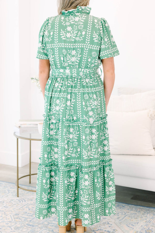 Chic Soul plus size clothing, green flutter sleeve tiered maxi dress with white floral square pattern and ruffle collar plus waist tie