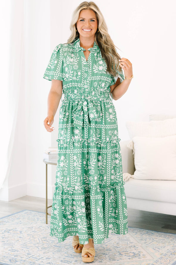 Chic Soul plus size clothing, green flutter sleeve tiered maxi dress with white floral square pattern and ruffle collar plus waist tie