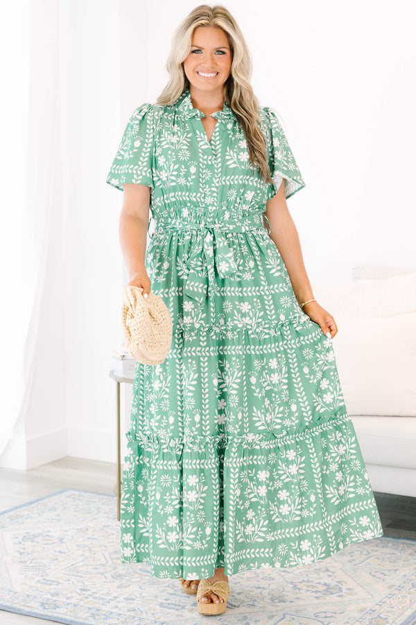Chic Soul plus size clothing, green flutter sleeve tiered maxi dress with white floral square pattern and ruffle collar plus waist tie