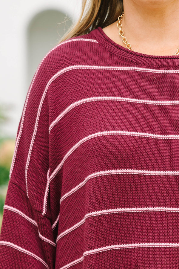 Plus Size burgundy and white horizontal striped knit sweater tunic with a relaxed fit