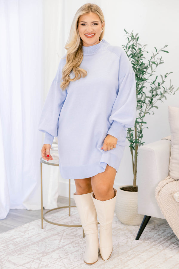 Chic Soul plus size clothing, light blue mock neck long sleeve knee length straight cut sweater dress