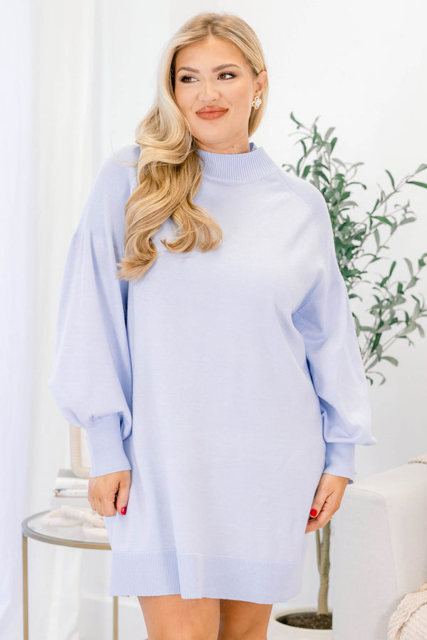 Chic Soul plus size clothing, light blue mock neck long sleeve knee length straight cut sweater dress