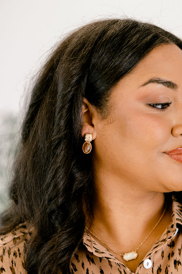 Chic Soul plus size clothing, gold square statement earrings with brown oval drop down pendant
