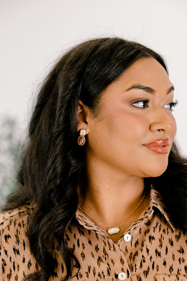 Chic Soul plus size clothing, gold square statement earrings with brown oval drop down pendant