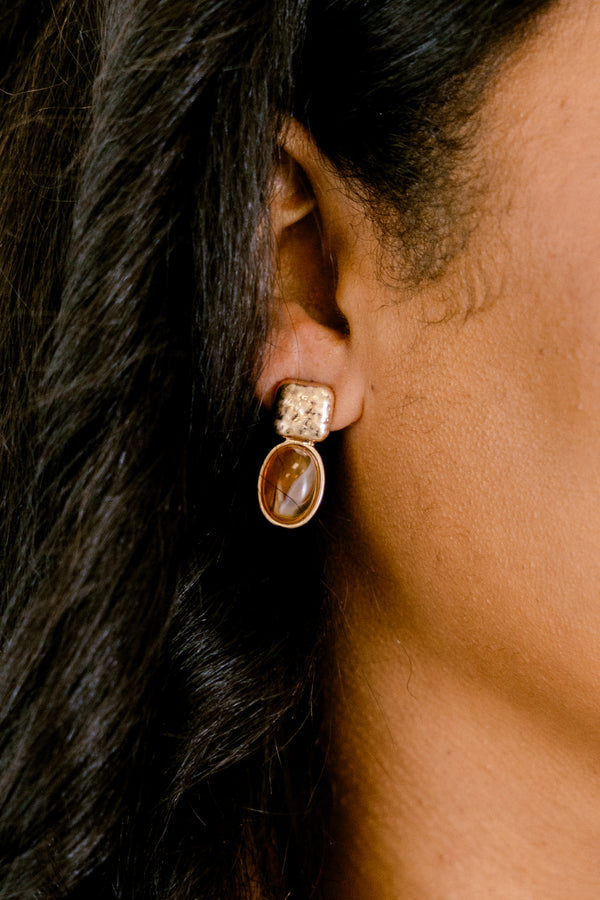 Chic Soul plus size clothing, gold square statement earrings with brown oval drop down pendant
