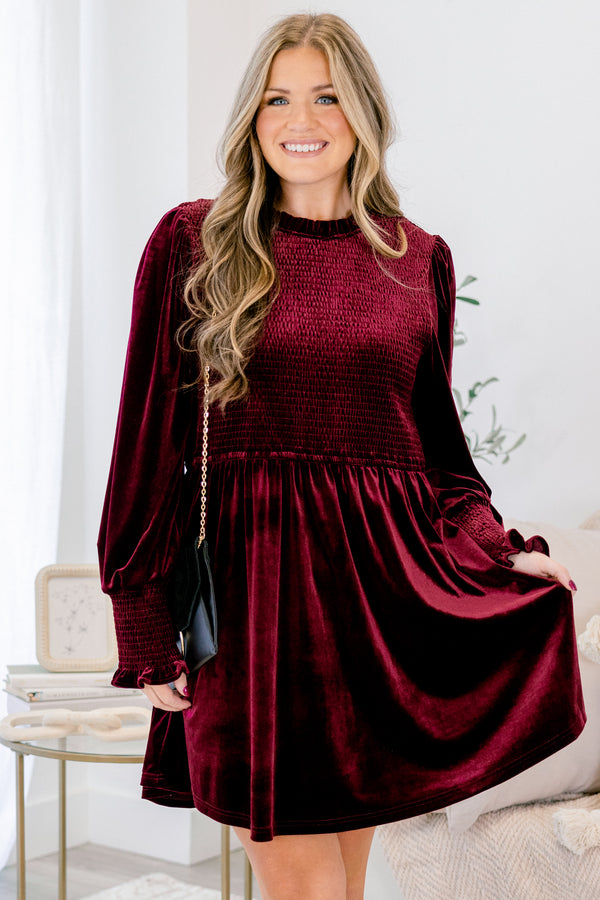 Chic Soul plus size clothing, merlot red velour long sleeve baby doll short dress