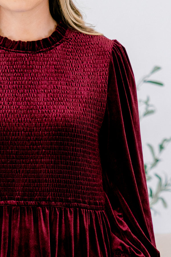 Chic Soul plus size clothing, merlot red velour long sleeve baby doll short dress