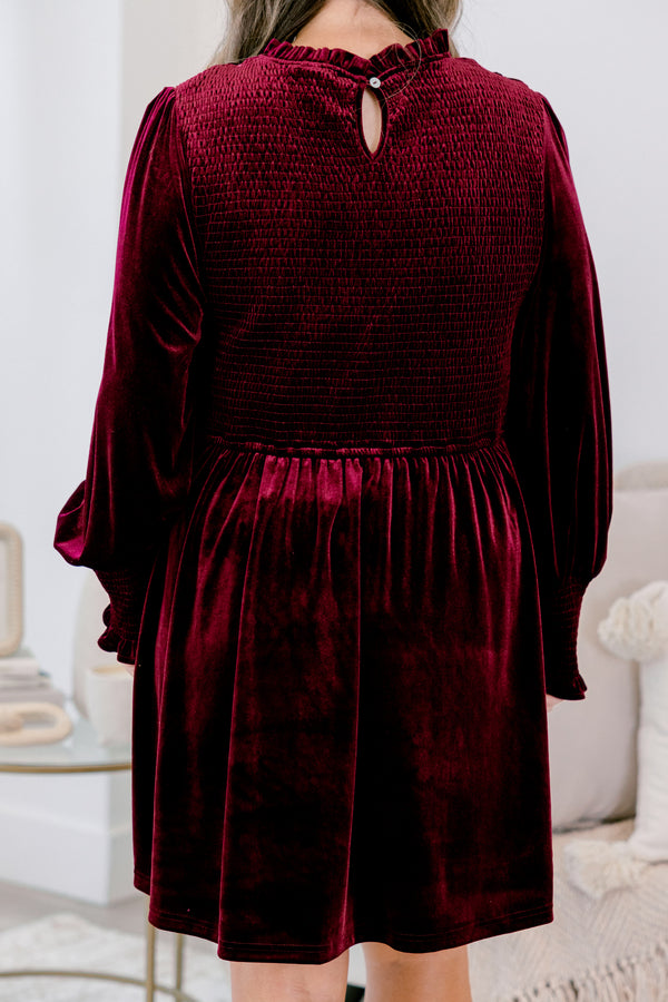 Chic Soul plus size clothing, merlot red velour long sleeve baby doll short dress