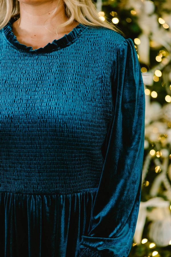 Chic Soul plus size clothing, teal colored faux velvet material with cinching across the chest area