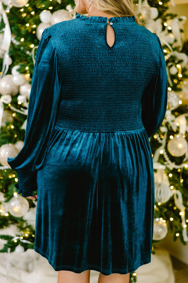 Chic Soul plus size clothing, teal colored faux velvet material with cinching across the chest area