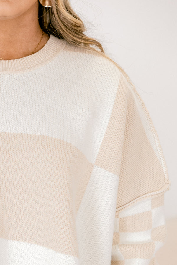 Chic Soul plus size clothing, white and taupe brown checkered long sleeve sweater with slits on the sides