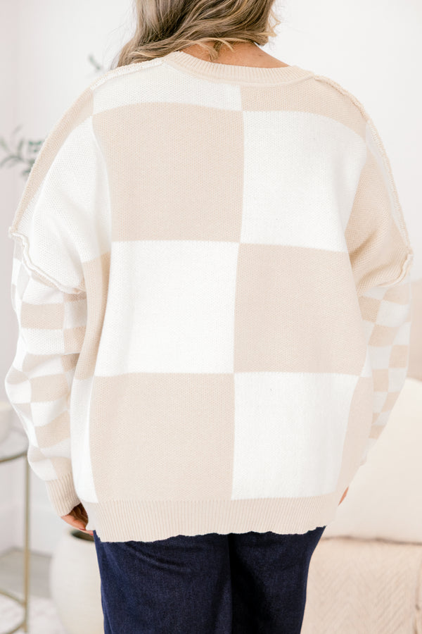 Chic Soul plus size clothing, white and taupe brown checkered long sleeve sweater with slits on the sides