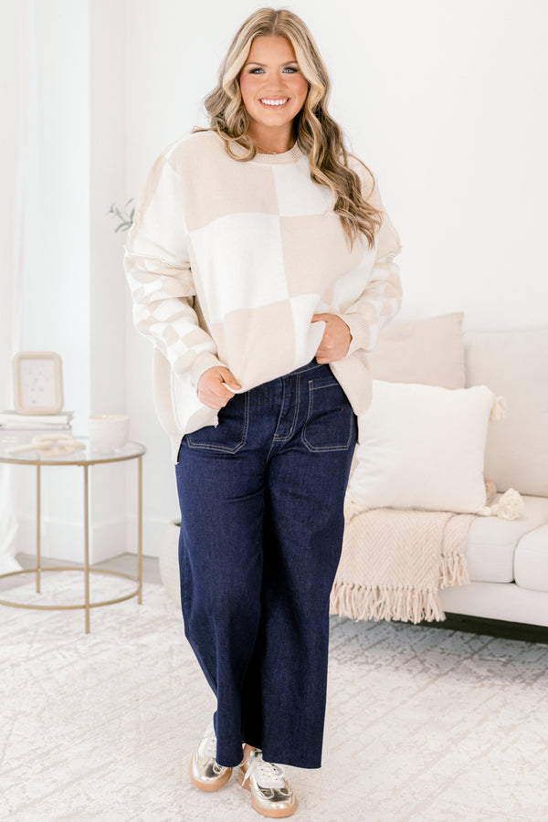 Chic Soul plus size clothing, white and taupe brown checkered long sleeve sweater with slits on the sides