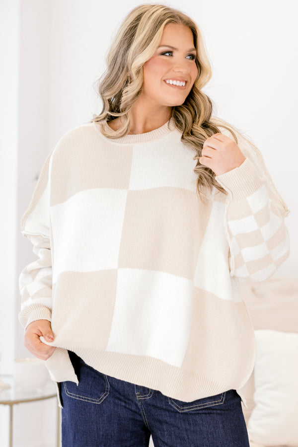 Chic Soul plus size clothing, white and taupe brown checkered long sleeve sweater with slits on the sides