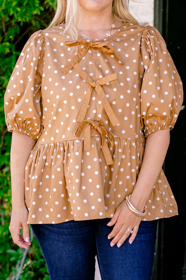 Chic Soul plus size clothing, camel polka dot top with bubble sleeves and three bows going down the chest 