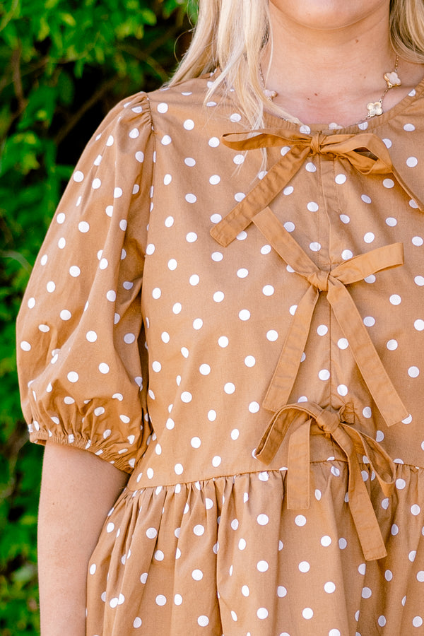 Chic Soul plus size clothing, camel polka dot top with bubble sleeves and three bows going down the chest 