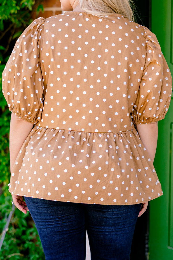 Chic Soul plus size clothing, camel polka dot top with bubble sleeves and three bows going down the chest 