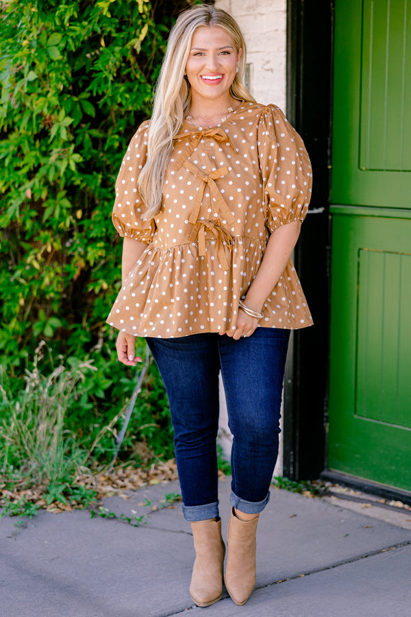 Chic Soul plus size clothing, camel polka dot top with bubble sleeves and three bows going down the chest 