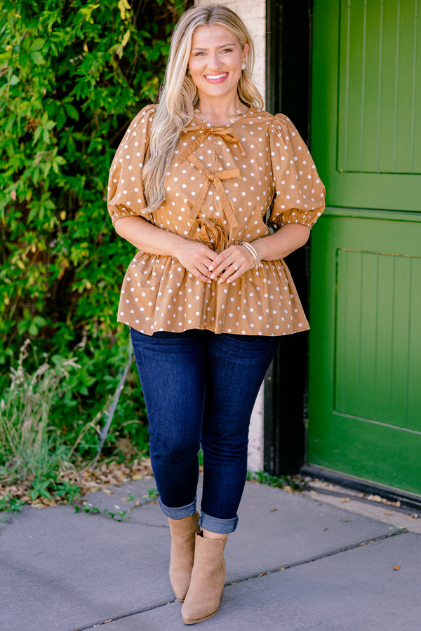Chic Soul plus size clothing, camel polka dot top with bubble sleeves and three bows going down the chest 