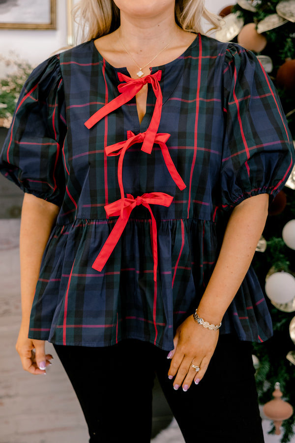 Chic Soul plus size clothing, navy red and black plaid puff short sleeve babydoll top with three red ribbon ties down the front
