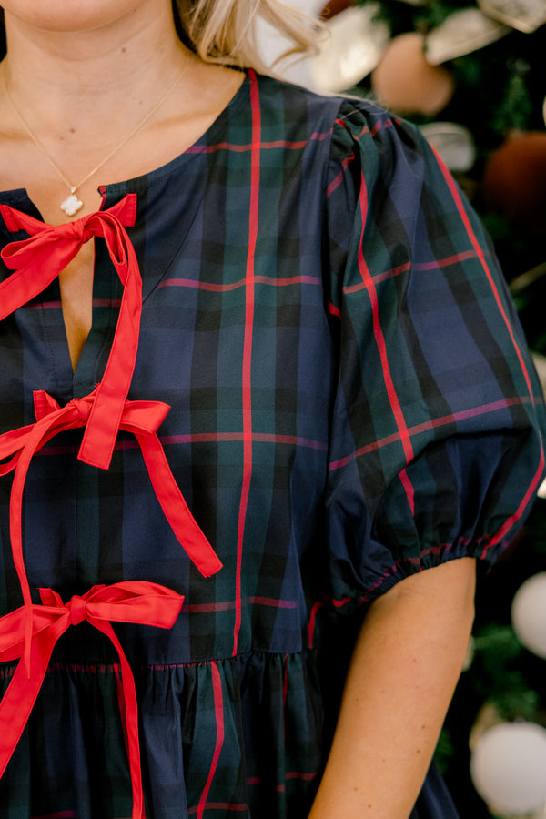 Chic Soul plus size clothing, navy red and black plaid puff short sleeve babydoll top with three red ribbon ties down the front