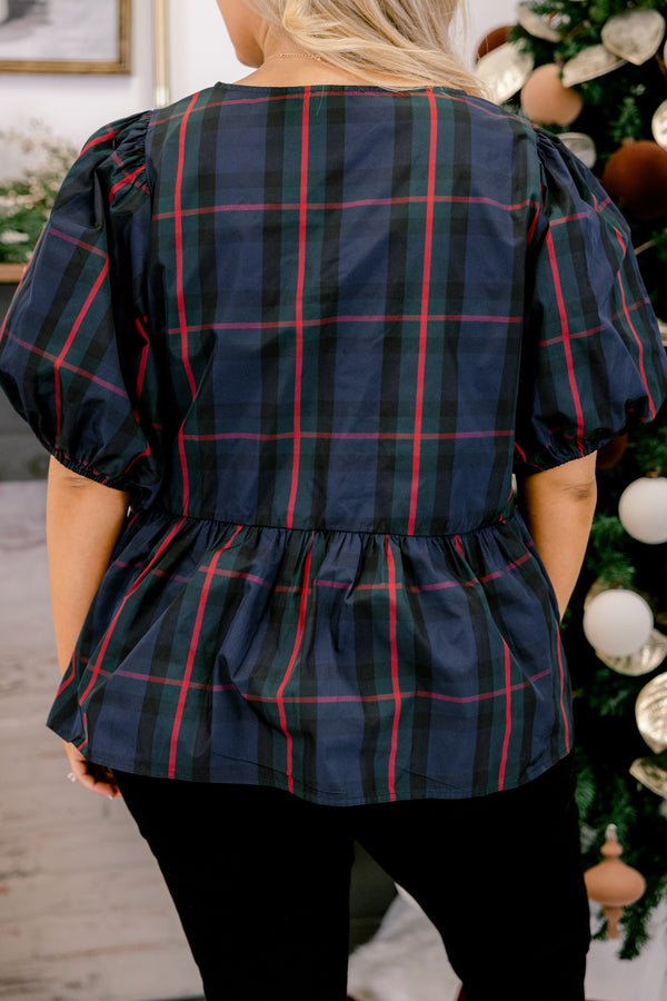 Chic Soul plus size clothing, navy red and black plaid puff short sleeve babydoll top with three red ribbon ties down the front