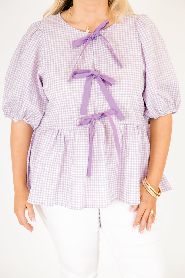 Chic Soul plus size clothing, purple and white gingham short puff sleeve top that ties in 3 purple bows down the middle