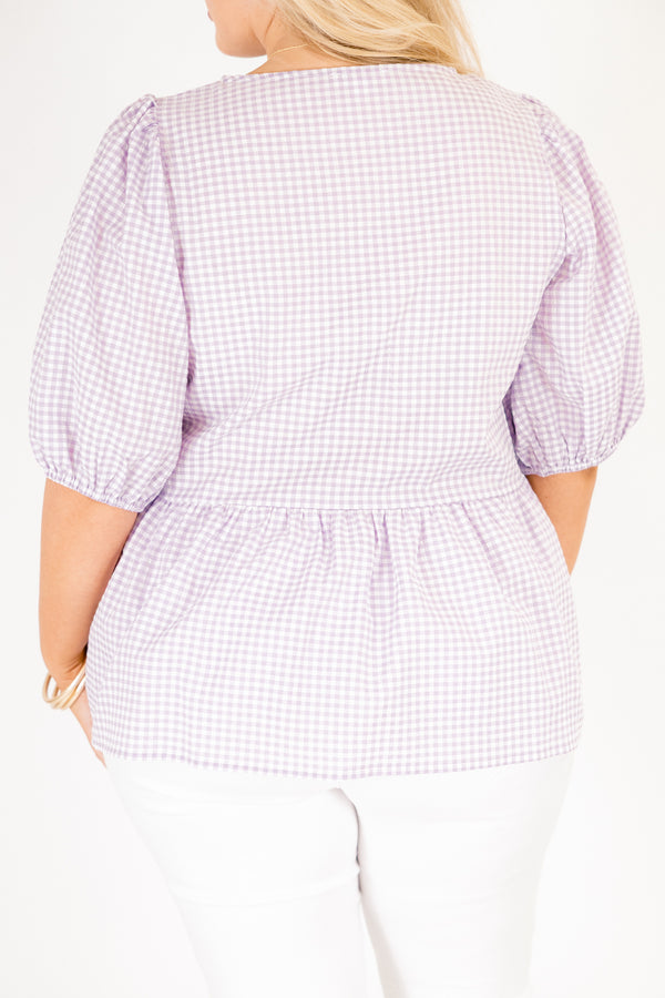 Chic Soul plus size clothing, purple and white gingham short puff sleeve top that ties in 3 purple bows down the middle