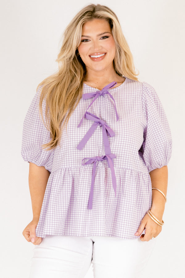 Chic Soul plus size clothing, purple and white gingham short puff sleeve top that ties in 3 purple bows down the middle