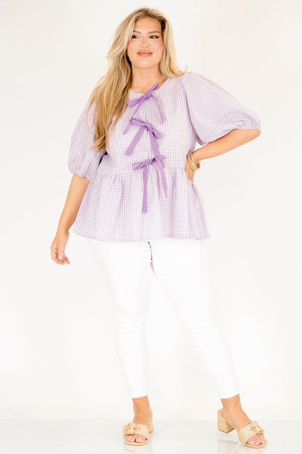 Chic Soul plus size clothing, purple and white gingham short puff sleeve top that ties in 3 purple bows down the middle