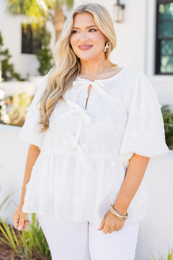 Chic Soul plus size clothing, white puff sleeve baby doll top with 3 bows tying down the front