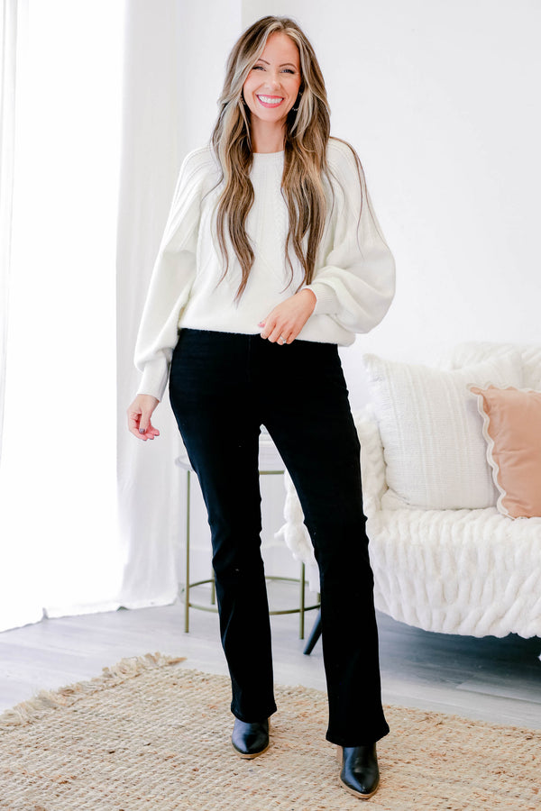 Chic Soul plus size clothing, black slightly flared jeans with finished hem