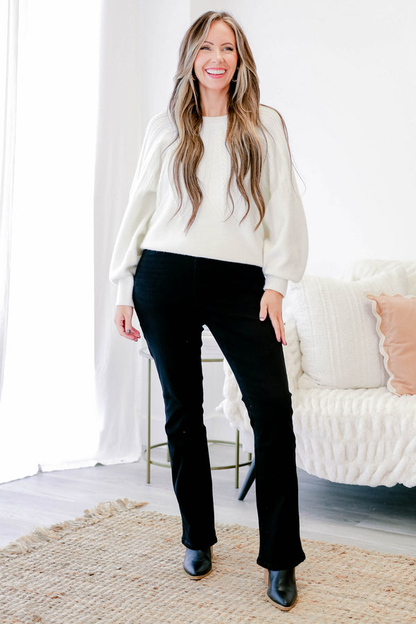 Chic Soul plus size clothing, black slightly flared jeans with finished hem