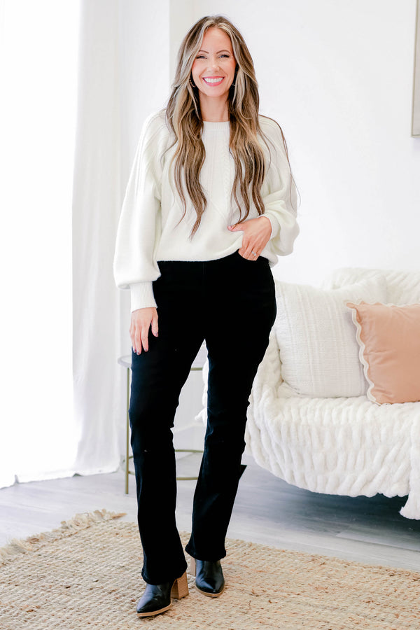 Chic Soul plus size clothing, black slightly flared jeans with finished hem