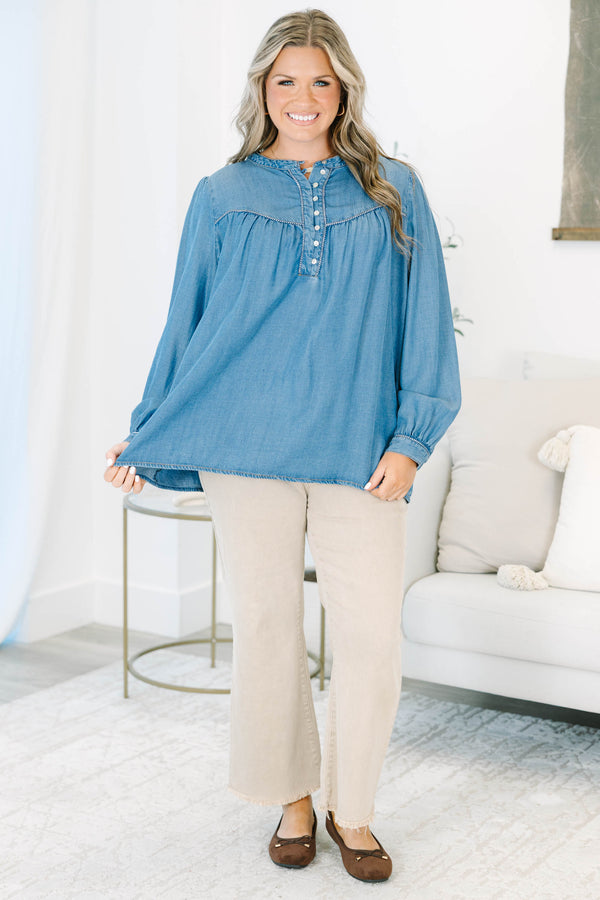 Plus size Take Me Along Top in chambray, featuring a flowy fit, button-up henley, and long sleeves.