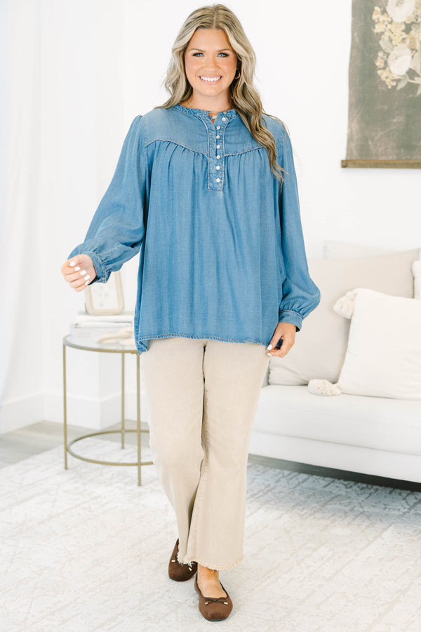 Plus size Take Me Along Top in chambray, featuring a flowy fit, button-up henley, and long sleeves.