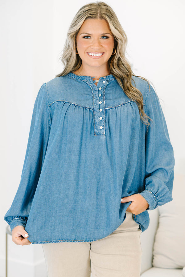 Plus size Take Me Along Top in chambray, featuring a flowy fit, button-up henley, and long sleeves.