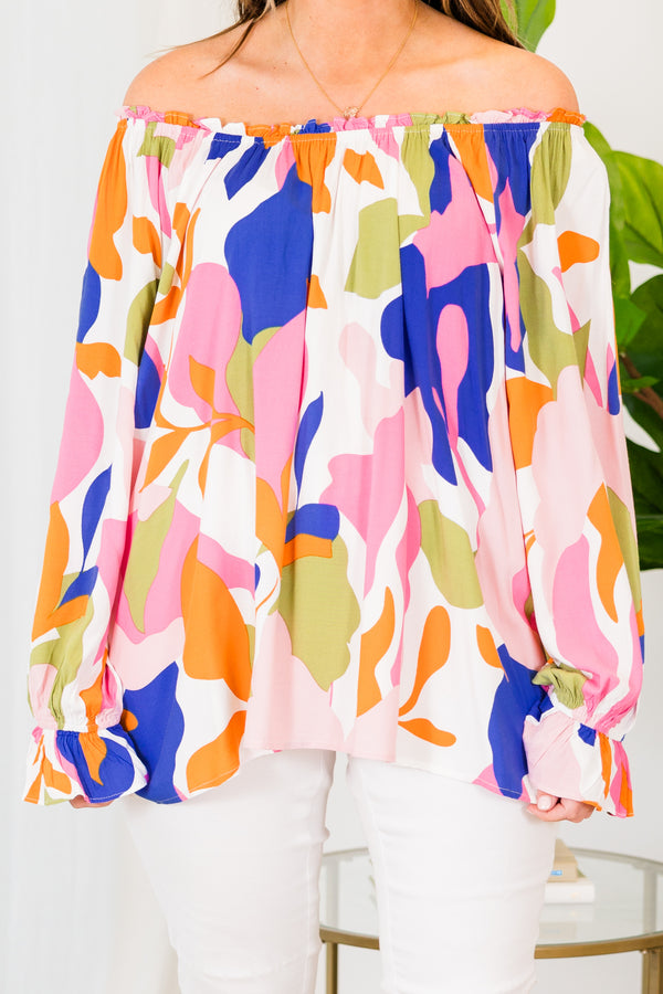Chic Soul plus size clothing, pink multi off the shoulder top with long sleeves and abstract print