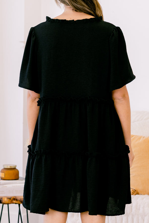 Chic Soul plus size clothing, black short sleeve mini dress with tiered detail with v neckline and collar detail