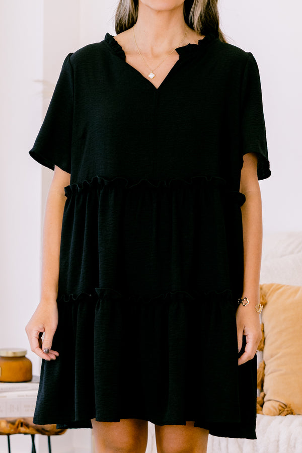 Chic Soul plus size clothing, black short sleeve mini dress with tiered detail with v neckline and collar detail