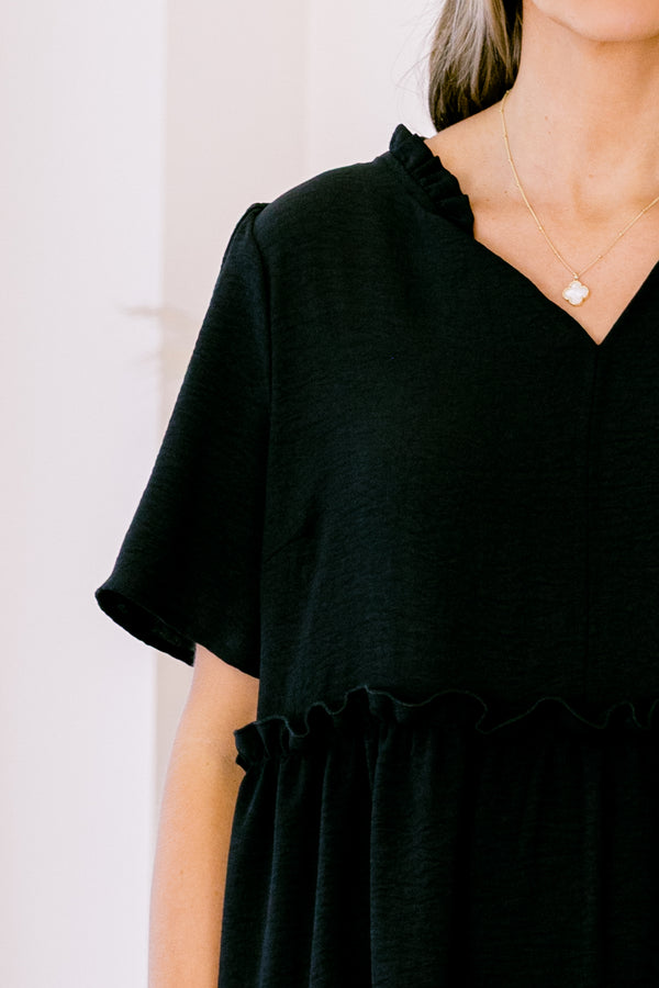 Chic Soul plus size clothing, black short sleeve mini dress with tiered detail with v neckline and collar detail