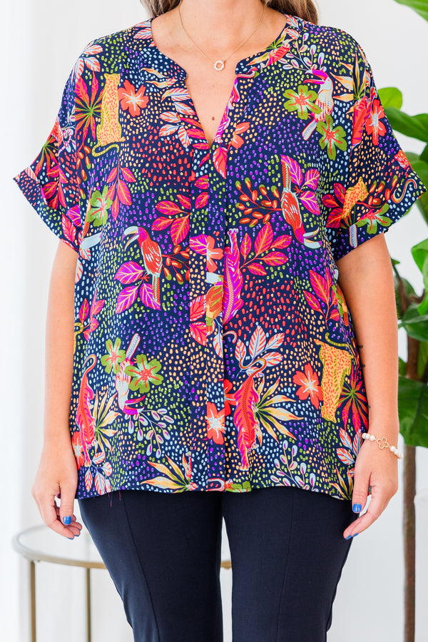Chic Soul plus size clothing, short-sleeve navy top with v-neckline and multi-colored spotted floral pattern 