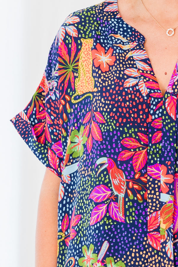 Chic Soul plus size clothing, short-sleeve navy top with v-neckline and multi-colored spotted floral pattern 