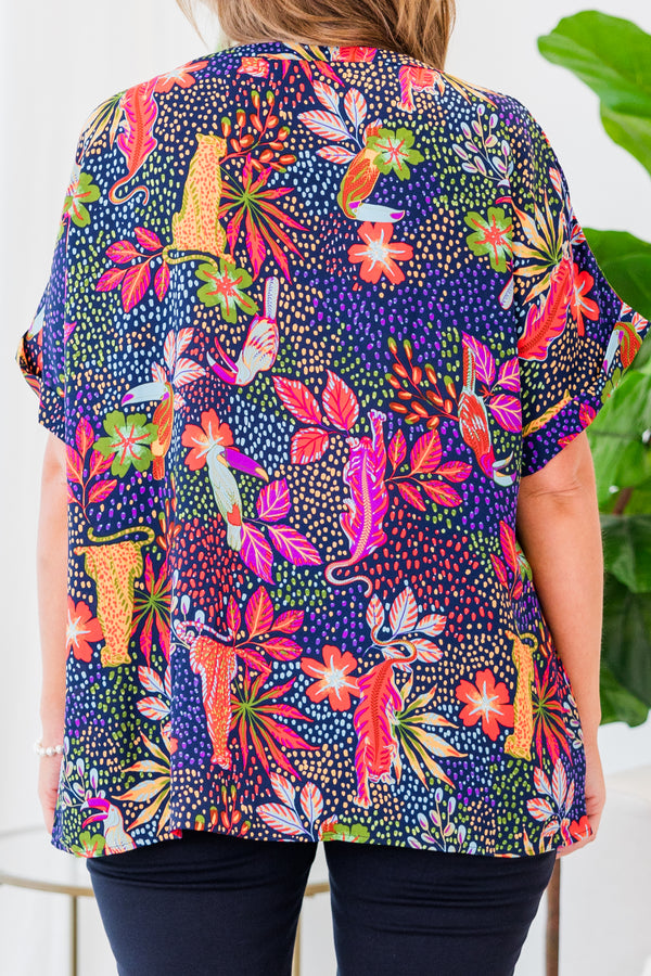 Chic Soul plus size clothing, short-sleeve navy top with v-neckline and multi-colored spotted floral pattern 