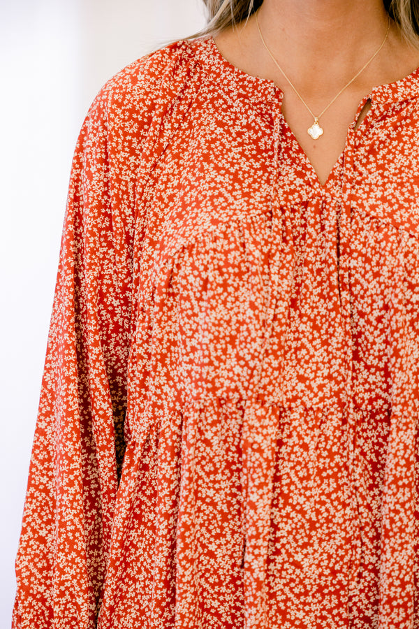 Chic Soul plus size clothing, rust red long sleeve tiered knee length dress with ruffles at the end of the sleeves
