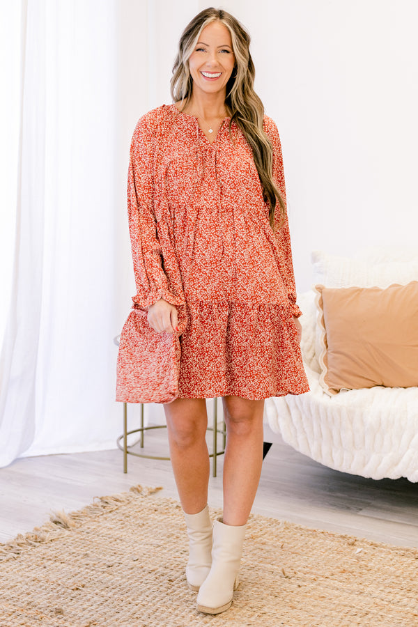 Chic Soul plus size clothing, rust red long sleeve tiered knee length dress with ruffles at the end of the sleeves
