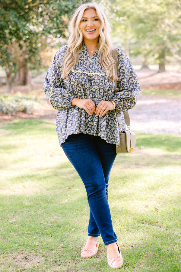 Chic Soul plus size clothing, multi color blue floral print long sleeve flowy top with scallop detailing along the chest and sleeves