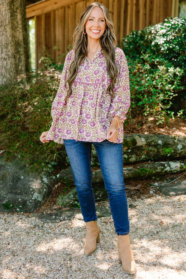 Chic Soul plus size clothing, cream log sleeve top with purple floral print and scallop detailing along the chest and sleeves