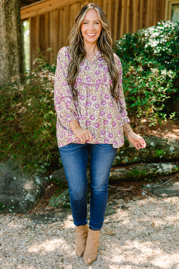 Chic Soul plus size clothing, cream log sleeve top with purple floral print and scallop detailing along the chest and sleeves