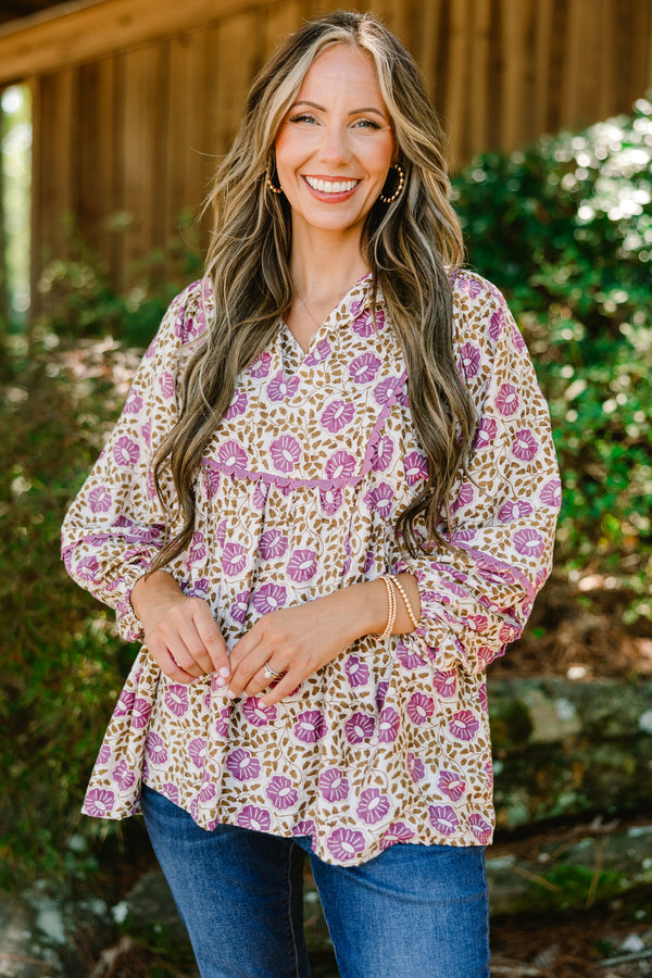 Chic Soul plus size clothing, cream log sleeve top with purple floral print and scallop detailing along the chest and sleeves